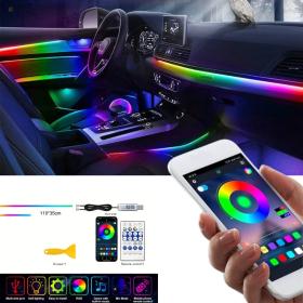 شريط إضاءة نيون LED RGB لداخل السيارة، يتفاعل مع الصوت ويُتحكم به عبر التطبيق أو الريموت لأجواء مميزة.
